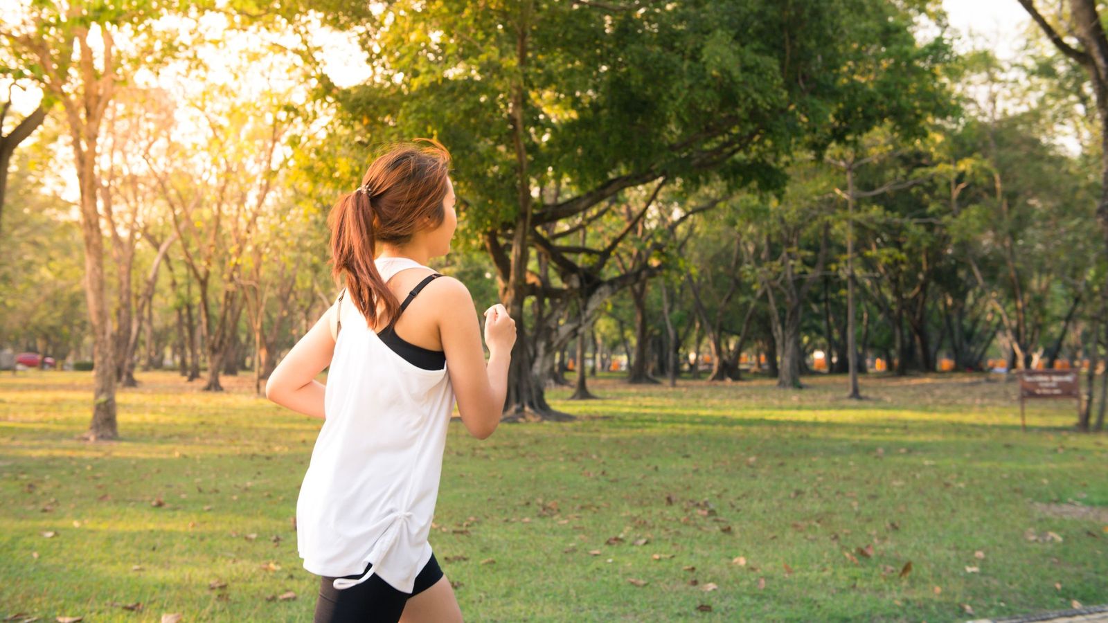 A woman jogging in a park in the evening sun